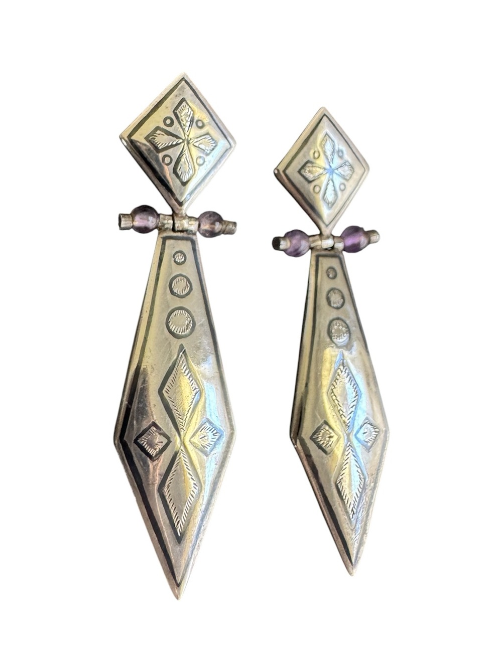 Vintage Sterling Silver Etched Earrings Southwestern Purple Bead Dagger Shape
